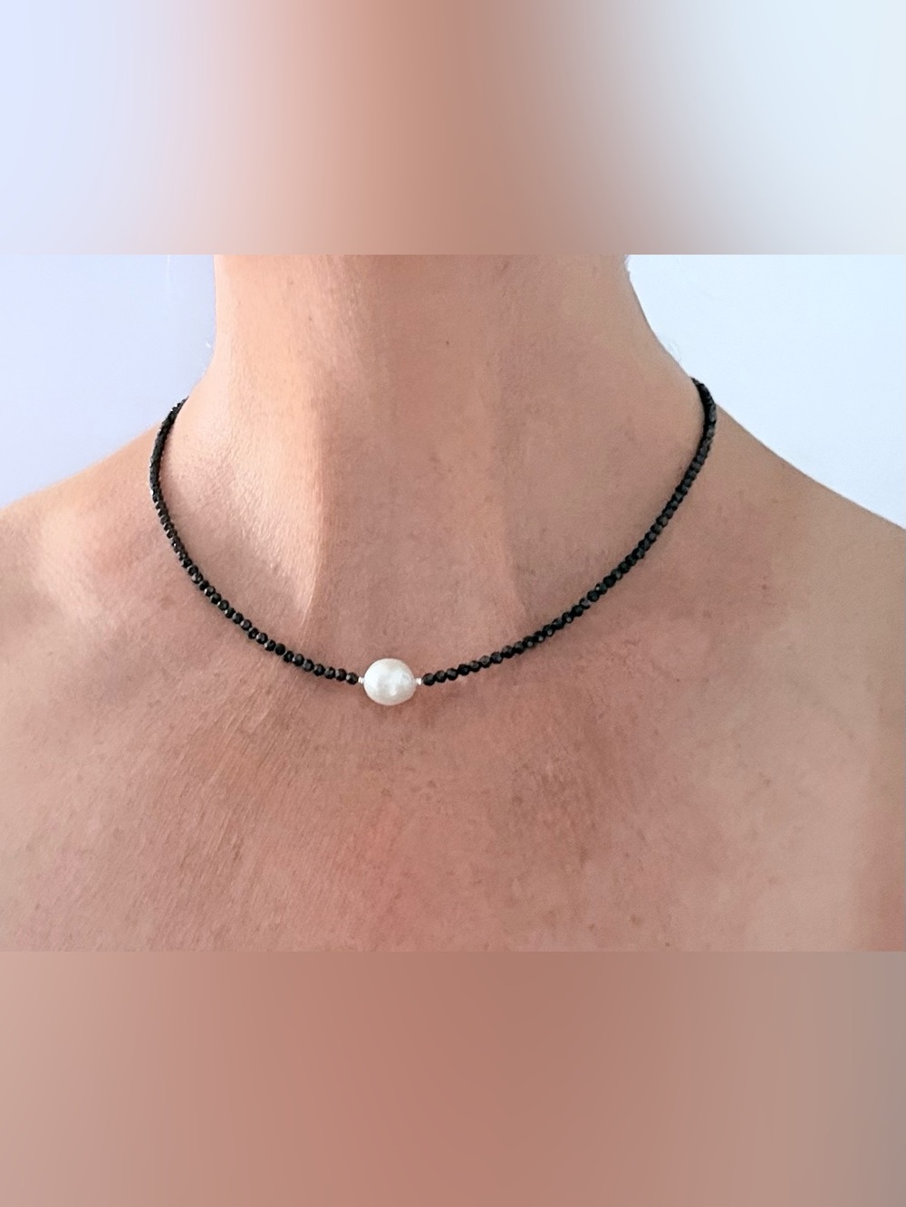 Black Spinel Beaded Necklace with White Baroque Pearl Accent